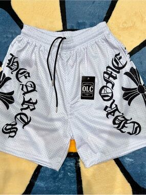 White Gothic Cross Mesh Shorts Metal Tip Drawstrings Pockets NWT